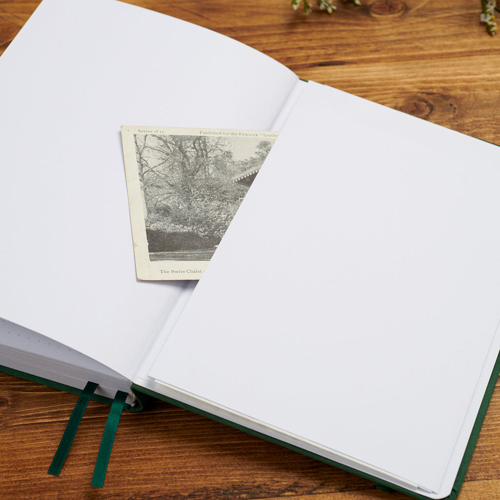 Back pocket of journal holding vintage photograph and notes for keepsake memory storage.